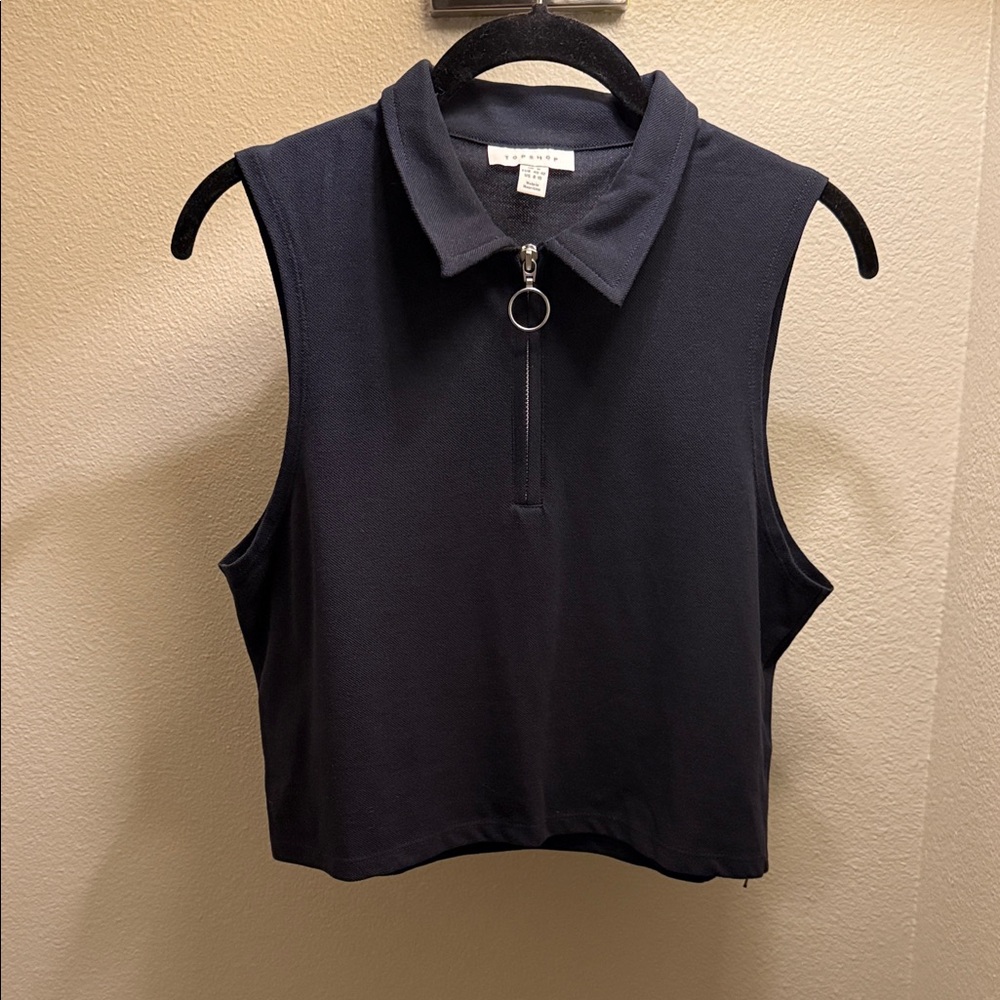 Topshop Navy Zip-Up Crop Top